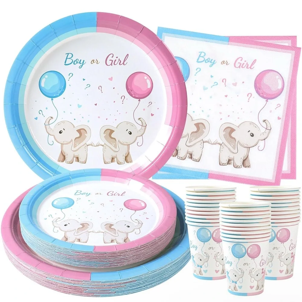 Baby Gender Decoration Kit 96 Pieces, Pink and Blue Plates Set, Boy or Girl Cups